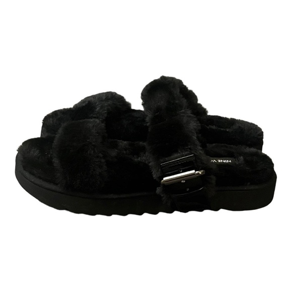 Nine West Black Faux Fur Sandals Fuzzy Plush Double Strap Buckle Slides Size 8 - Picture 6 of 9
